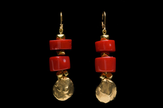 DOUBLE CORAL BARREL EARRING w/ GOLD VERMEIL PEARL IMPRESSION                                                      65