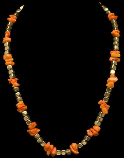 ORANGE TURQUOISE NUGGETS W/ BRASS CUBE NECKLACE