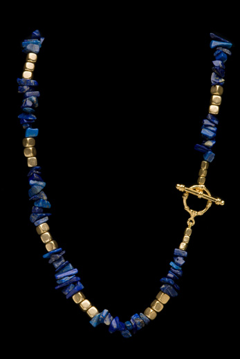 LAPIS NUGGETS W/BRASS CUBE NECKLACE