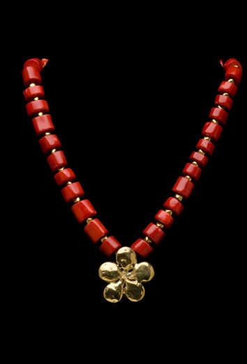 RED CORAL NECKLACE W/FACETED BRASS BEADS