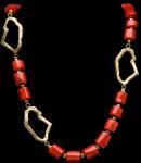RED CORAL BRASS BARREL NECKLACE W/ 3 OPEN BRASS NUGGETS